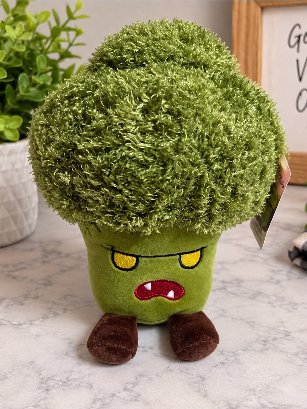 Green Broccoli Plush Toy with Angry Face